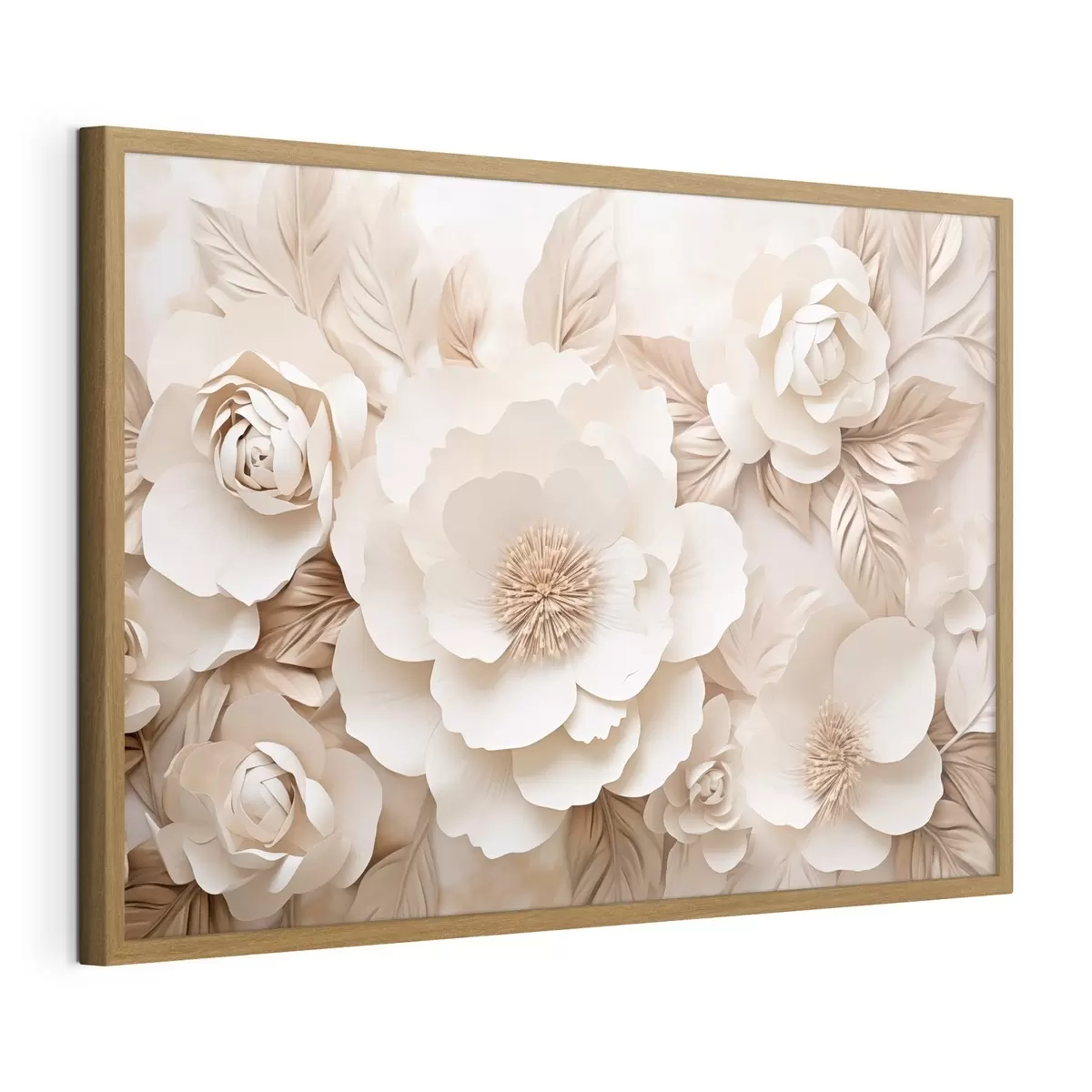 Poster 3D-gipsreliëf met witte bloemen f51096