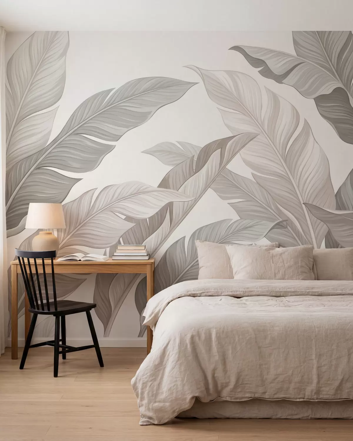 Fotobehang Verfijnde botanische bladeren in natuurlijke beige- en saliegroene tinten w10089