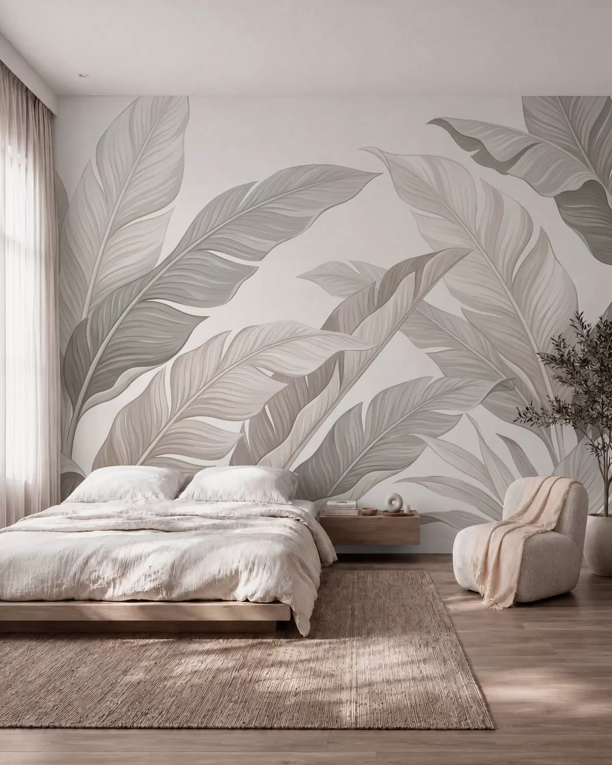 Fotobehang Verfijnde botanische bladeren in natuurlijke beige- en saliegroene tinten w10089