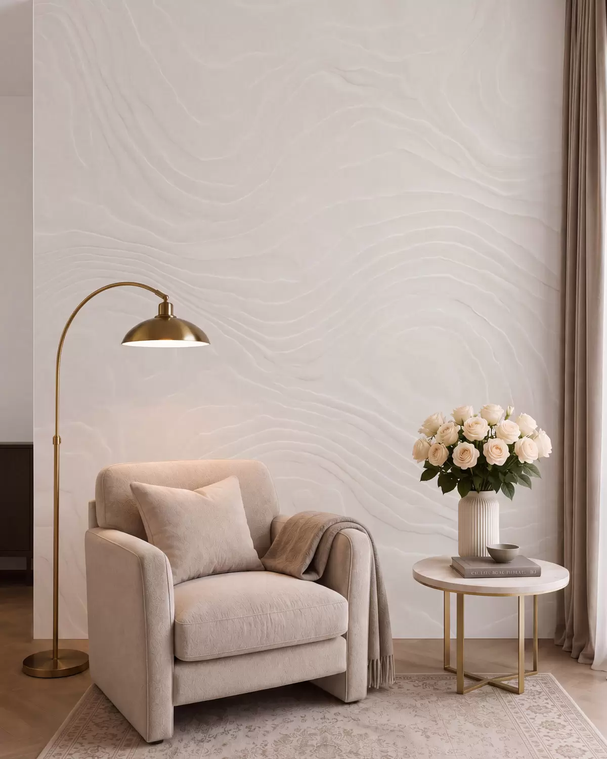 Fotobehang Abstracte, lichte textuur met vloeiende golvende lijnen en een natuurlijk pleisterwerk-effect w10092