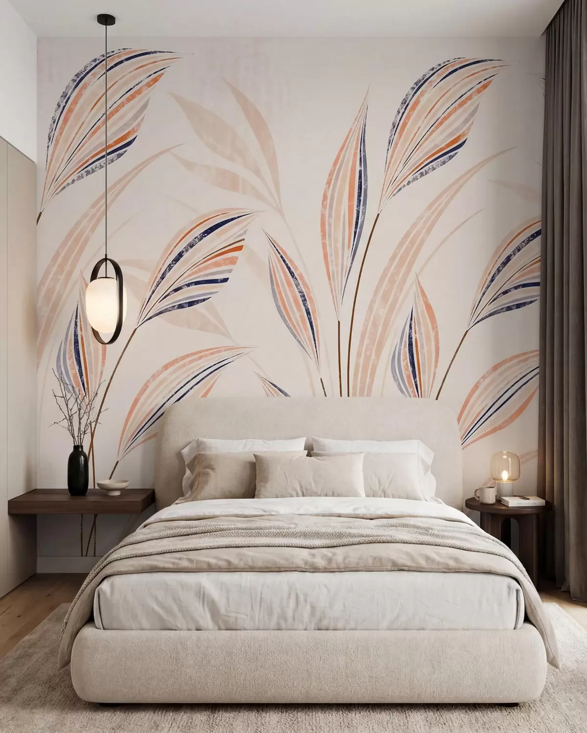 Papier peint photo Herbes décoratives abstraites aux feuilles élancées et élégantes, dans des tons de pêche, de crème et de bleu aquarelle w10093