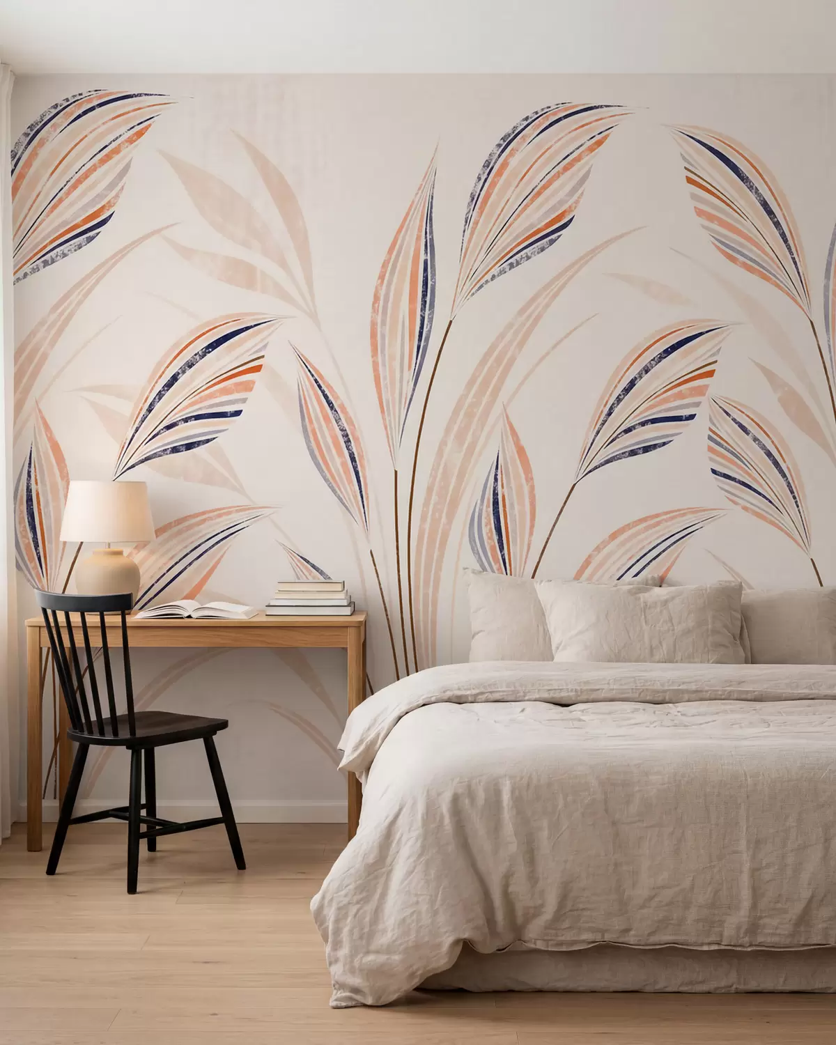 Papier peint photo Herbes décoratives abstraites aux feuilles élancées et élégantes, dans des tons de pêche, de crème et de bleu aquarelle w10093