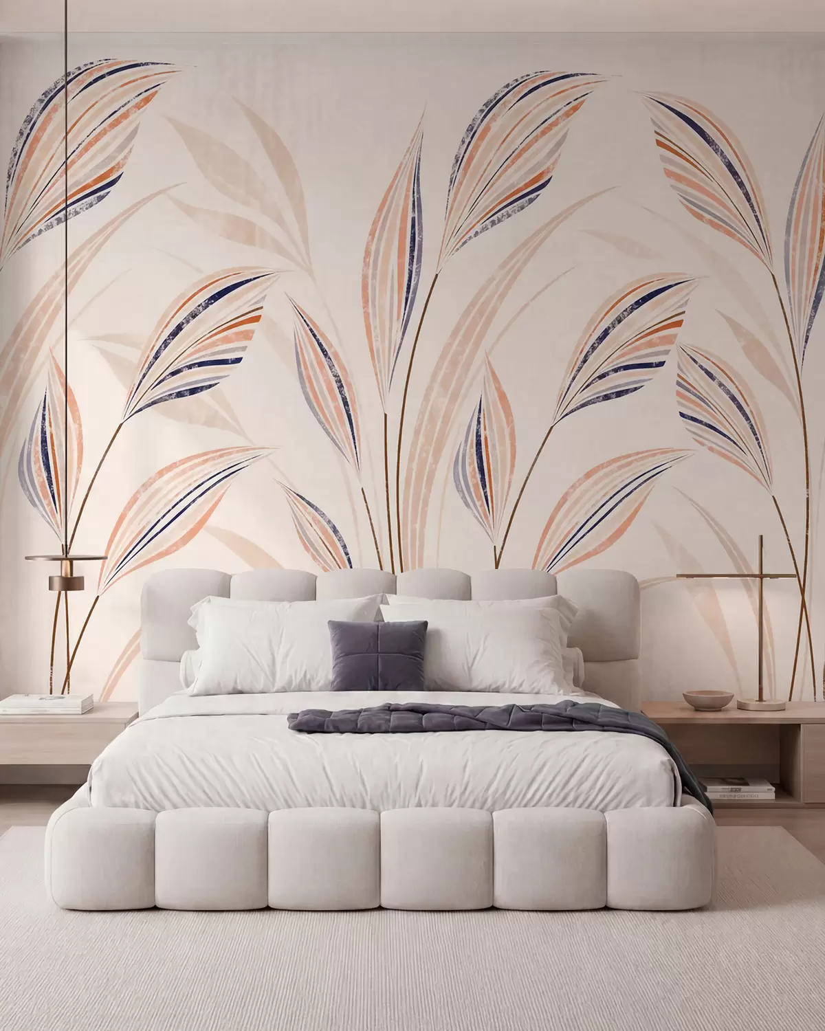 Papier peint photo Herbes décoratives abstraites aux feuilles élancées et élégantes, dans des tons de pêche, de crème et de bleu aquarelle w10093