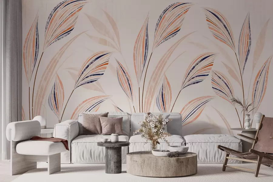Fotobehang Abstracte siergrassen met elegante, langgerekte bladeren in perzik-, crèmekleurige en blauwe aquareltinten w10093