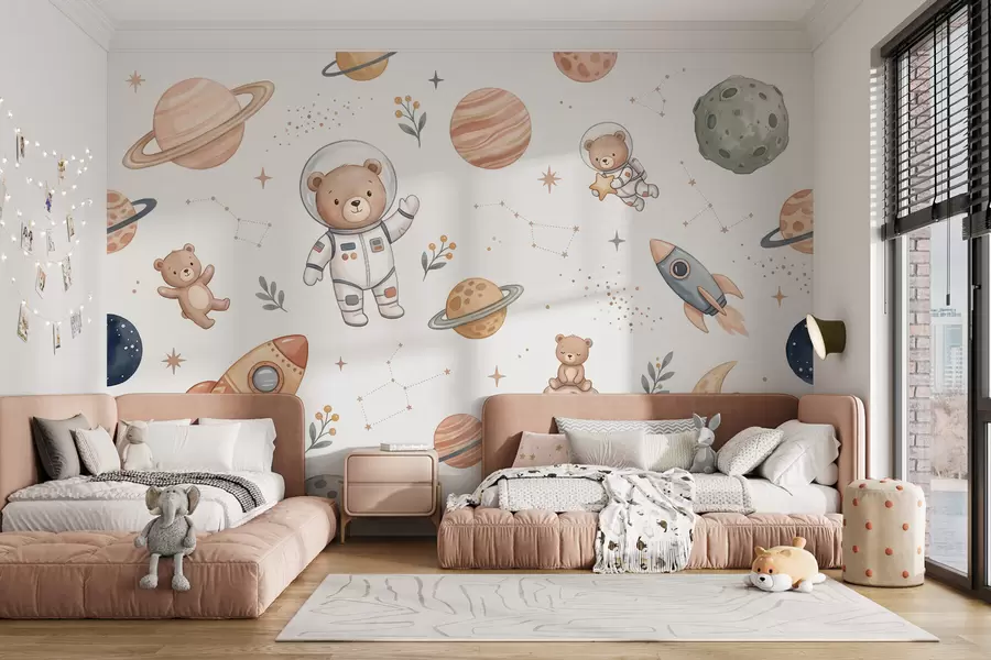 Fotobehang Schattige teddybeer-astronauten tussen planeten, raketten en sterren, weergegeven in een zachte pastelachtige aquarelstijl w10096