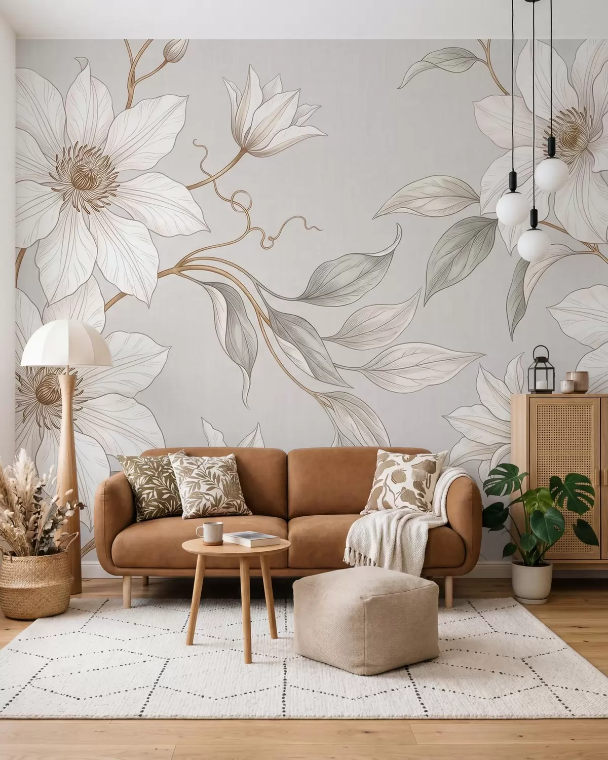 Fotobehang Elegante witte bloemen met fijne takjes w10099