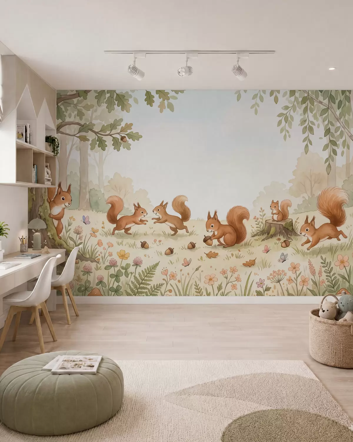Fotobehang Een herfstbos met pluizige rode eekhoorns, eikels en delicate wilde bloemen, weergegeven in aquarelstijl w10102