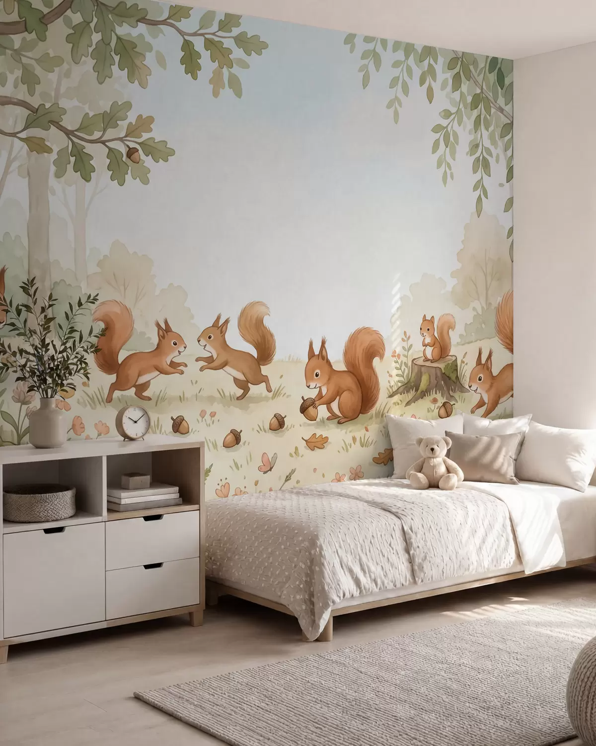 Fotobehang Een herfstbos met pluizige rode eekhoorns, eikels en delicate wilde bloemen, weergegeven in aquarelstijl w10102