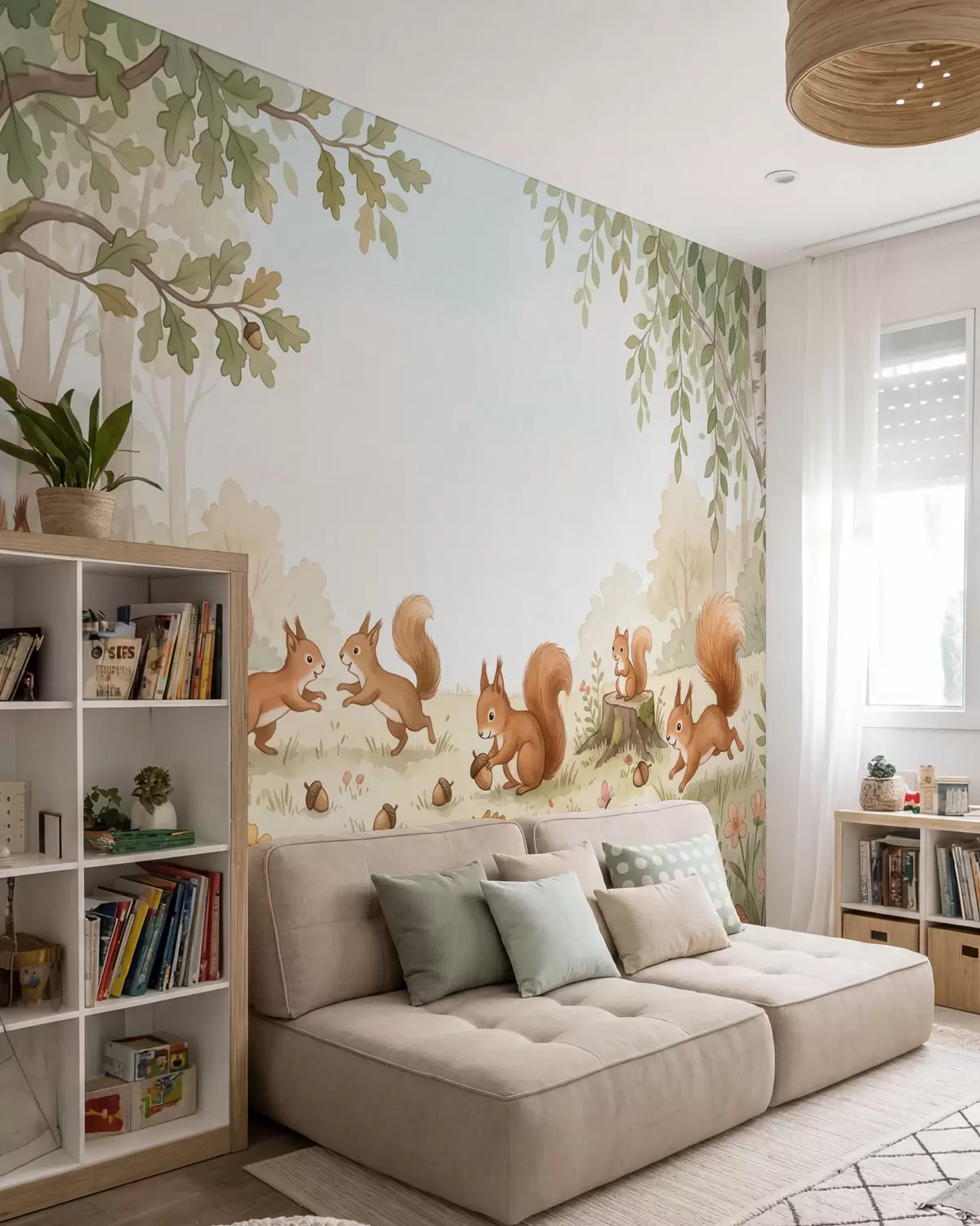 Fotobehang Een herfstbos met pluizige rode eekhoorns, eikels en delicate wilde bloemen, weergegeven in aquarelstijl w10102
