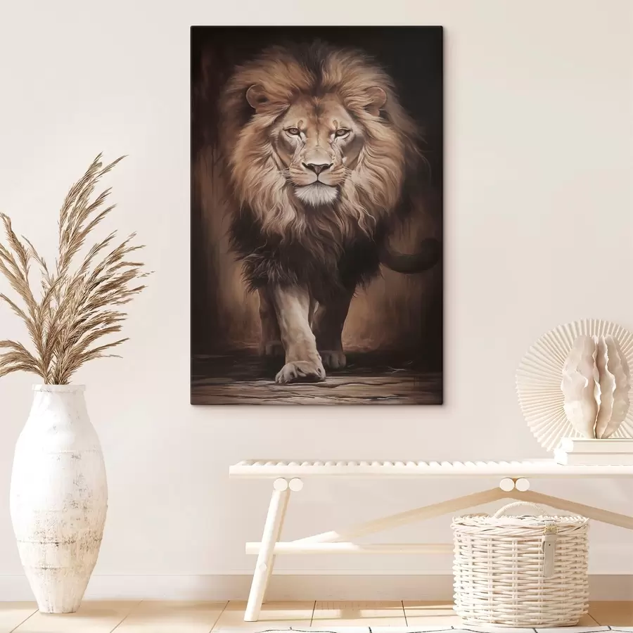  Peintures Un lion majestueux dans un intérieur sombre s51087