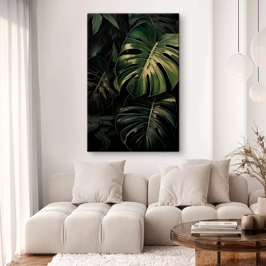  Peintures Feuilles brillantes de monstera dans les tropiques sombres s51091