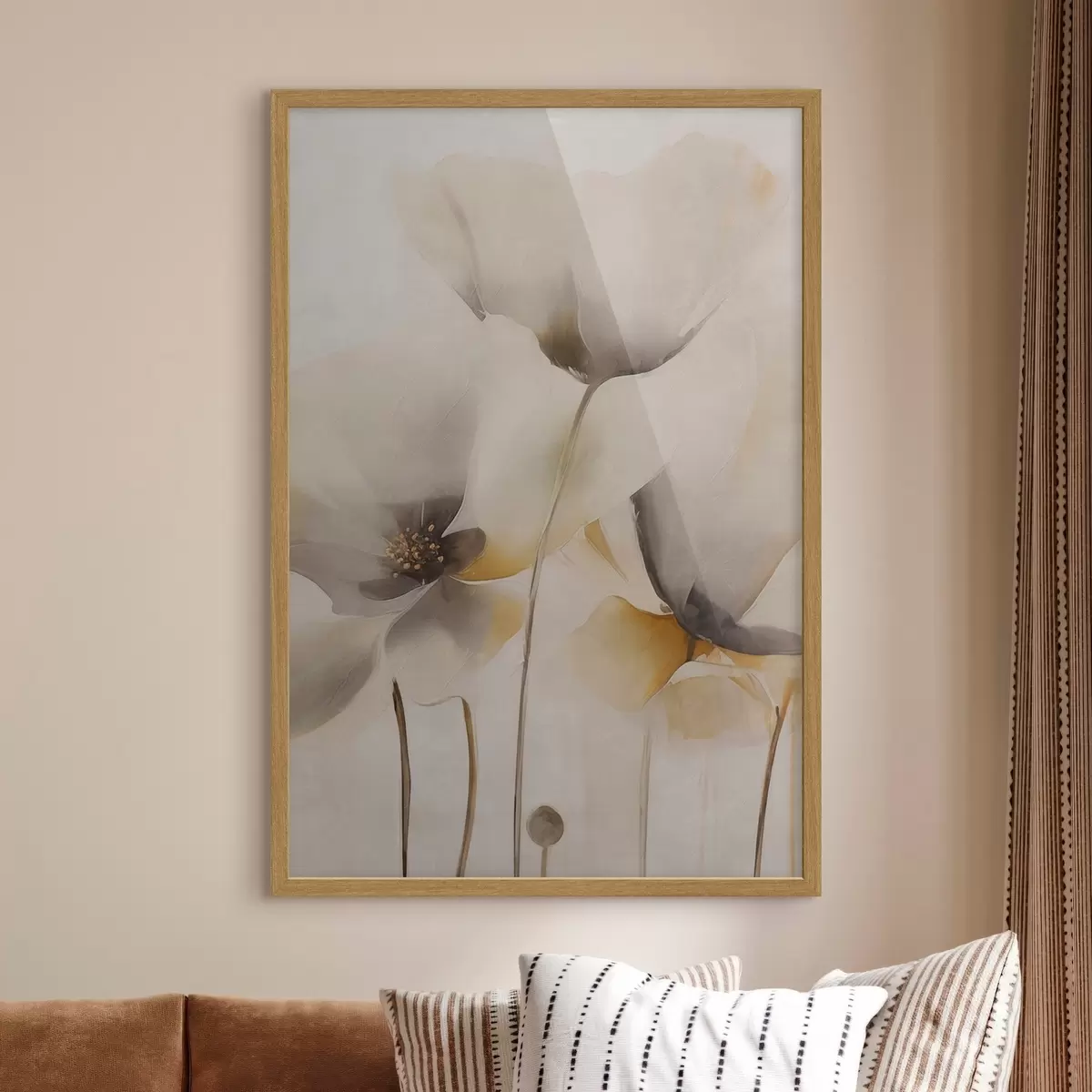 Poster Luchtige papavers in een beige kleurenpalet f51090