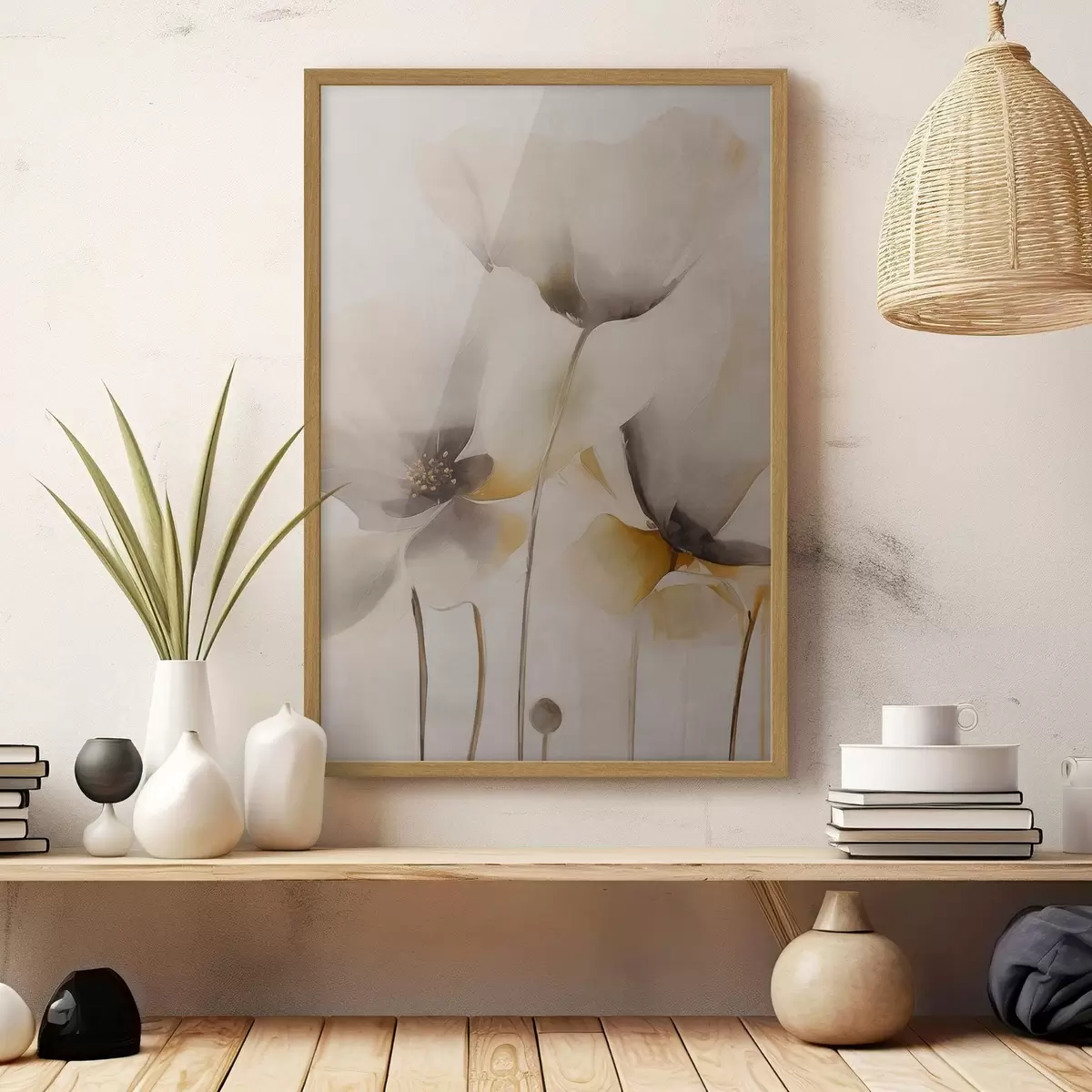 Poster Luchtige papavers in een beige kleurenpalet f51090