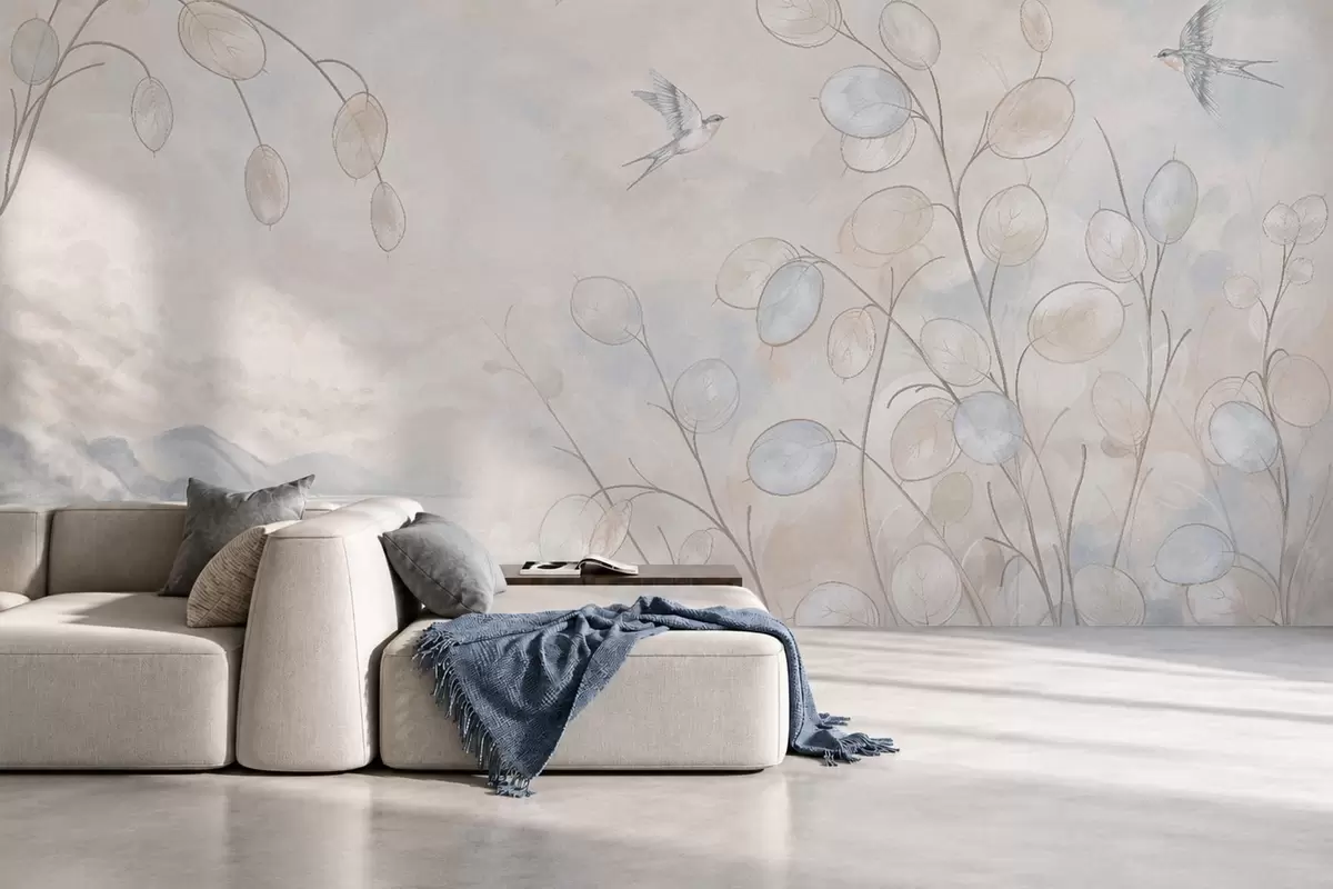 Papier peint photo Des hirondelles parmi des plantes délicates, avec en toile de fond un lac et des montagnes w05892