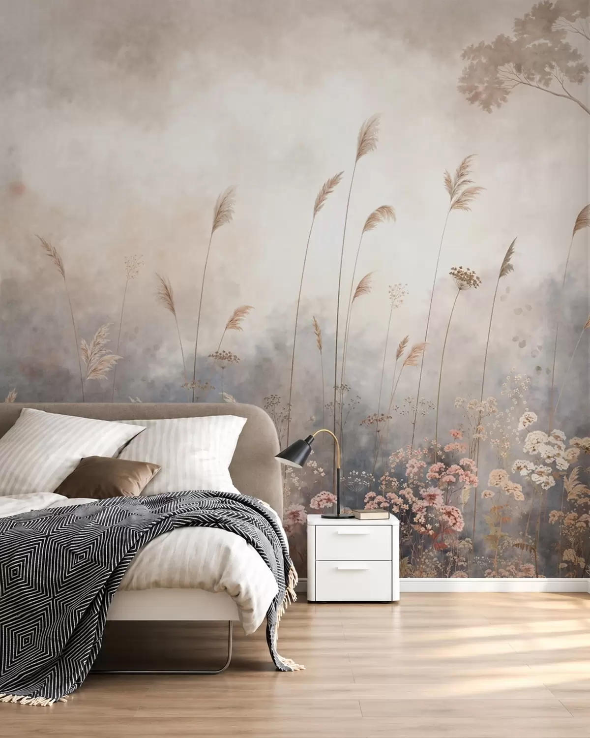 Fotobehang Wilde bloemen en hoog gras in een mistig landschap w05959