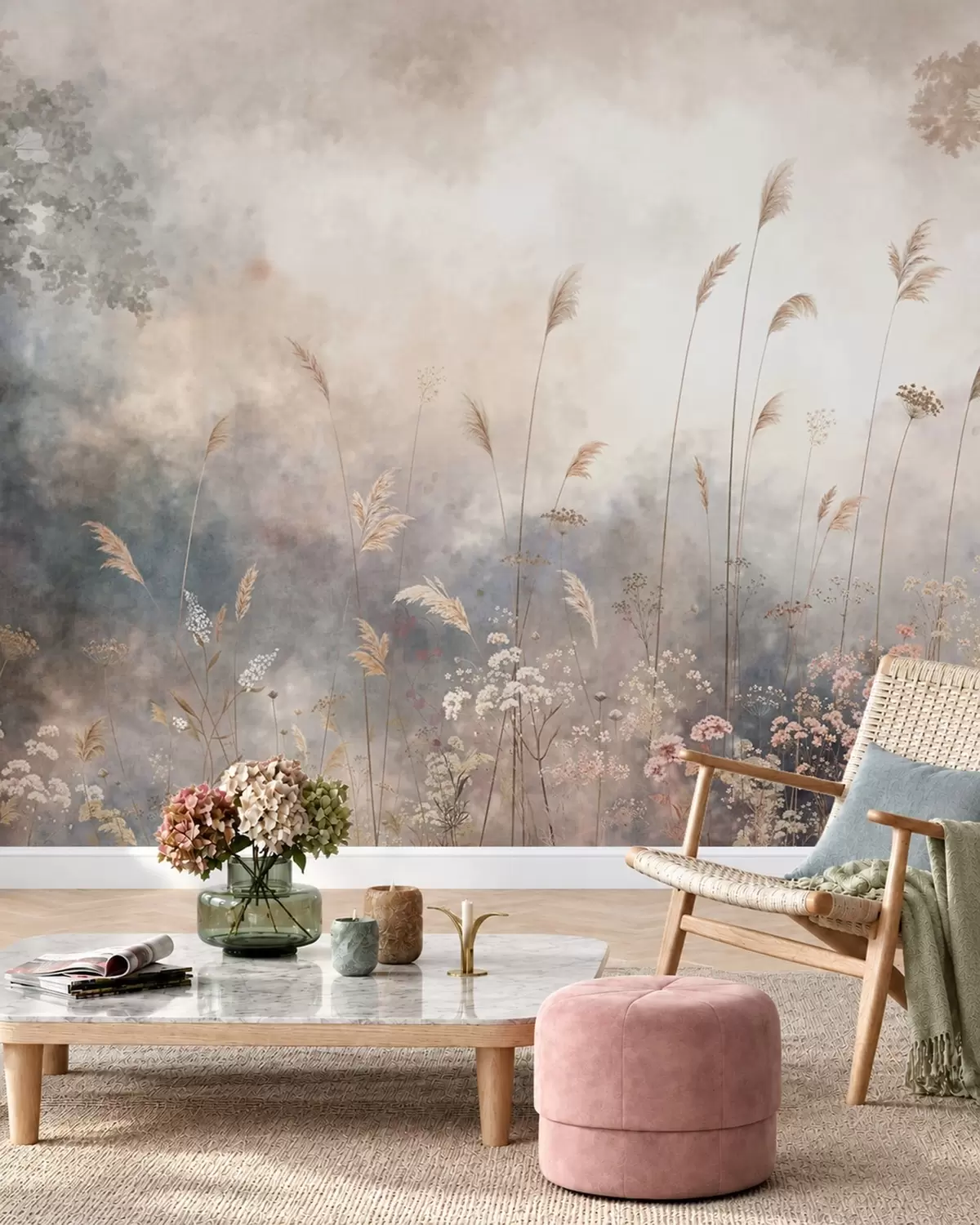 Fotobehang Wilde bloemen en hoog gras in een mistig landschap w05959