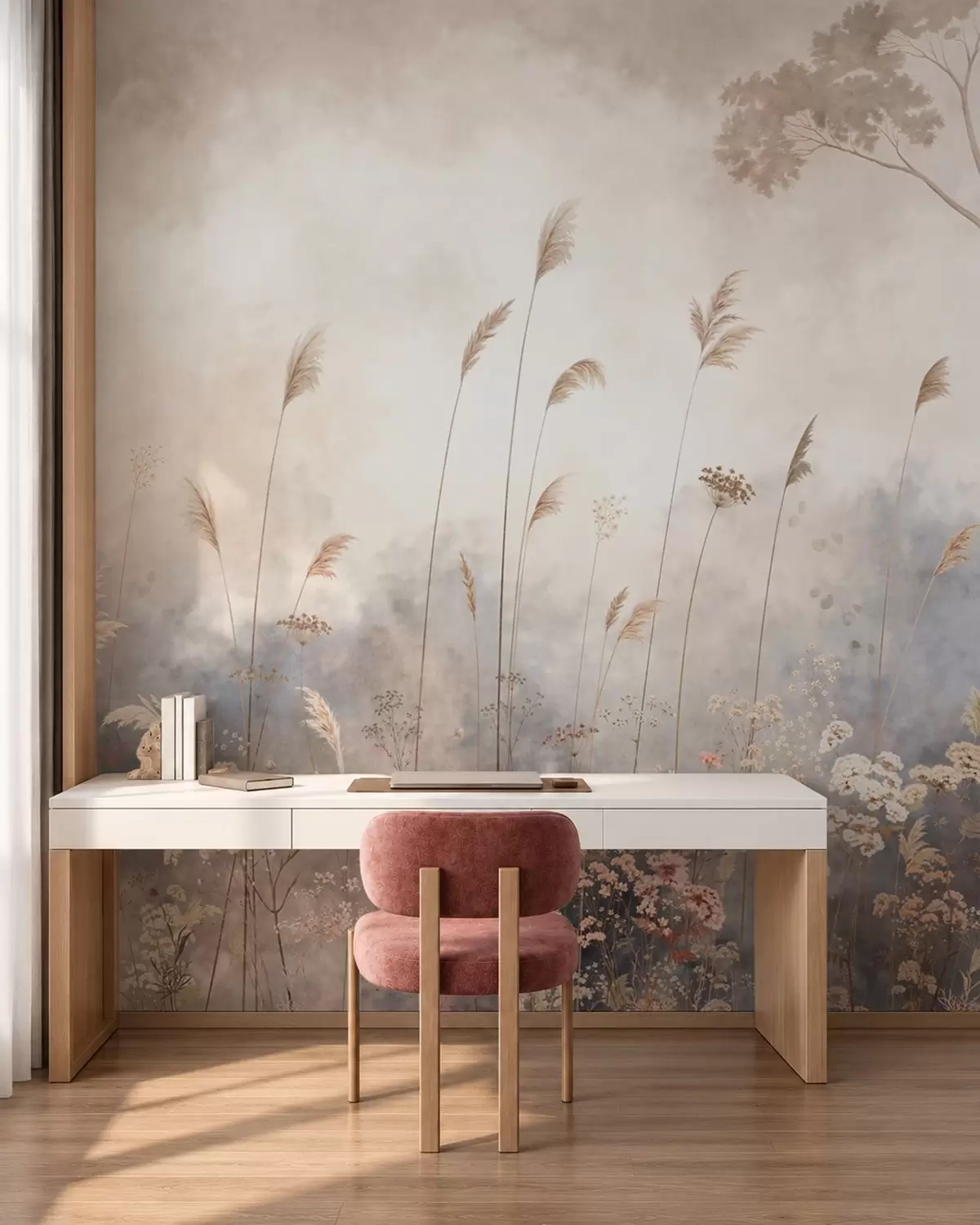 Fotobehang Wilde bloemen en hoog gras in een mistig landschap w05959