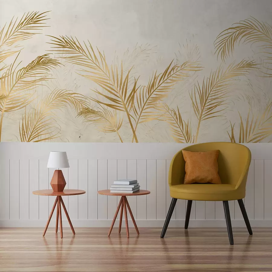 Fotobehang Gele palmvos op grijze achtergrond, varenbladeren u72114