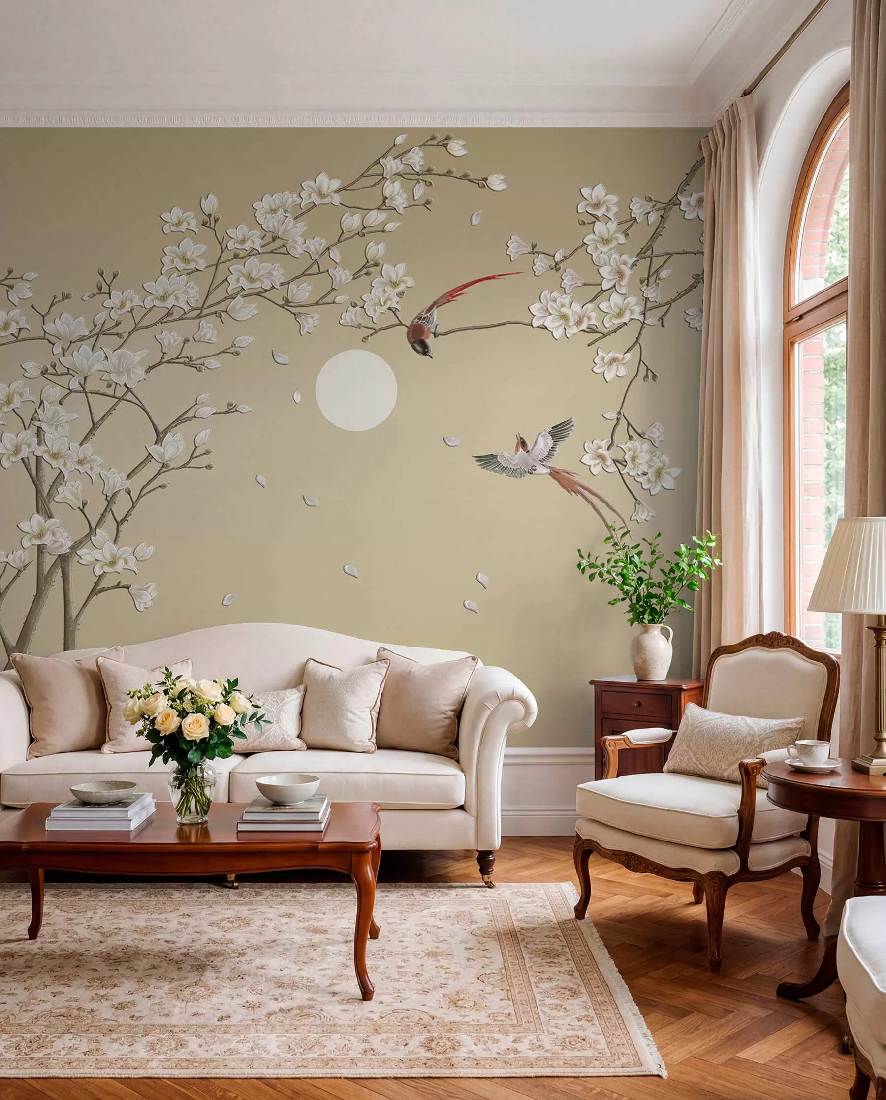 Fotobehang Vogels tussen witte bloesem u72938