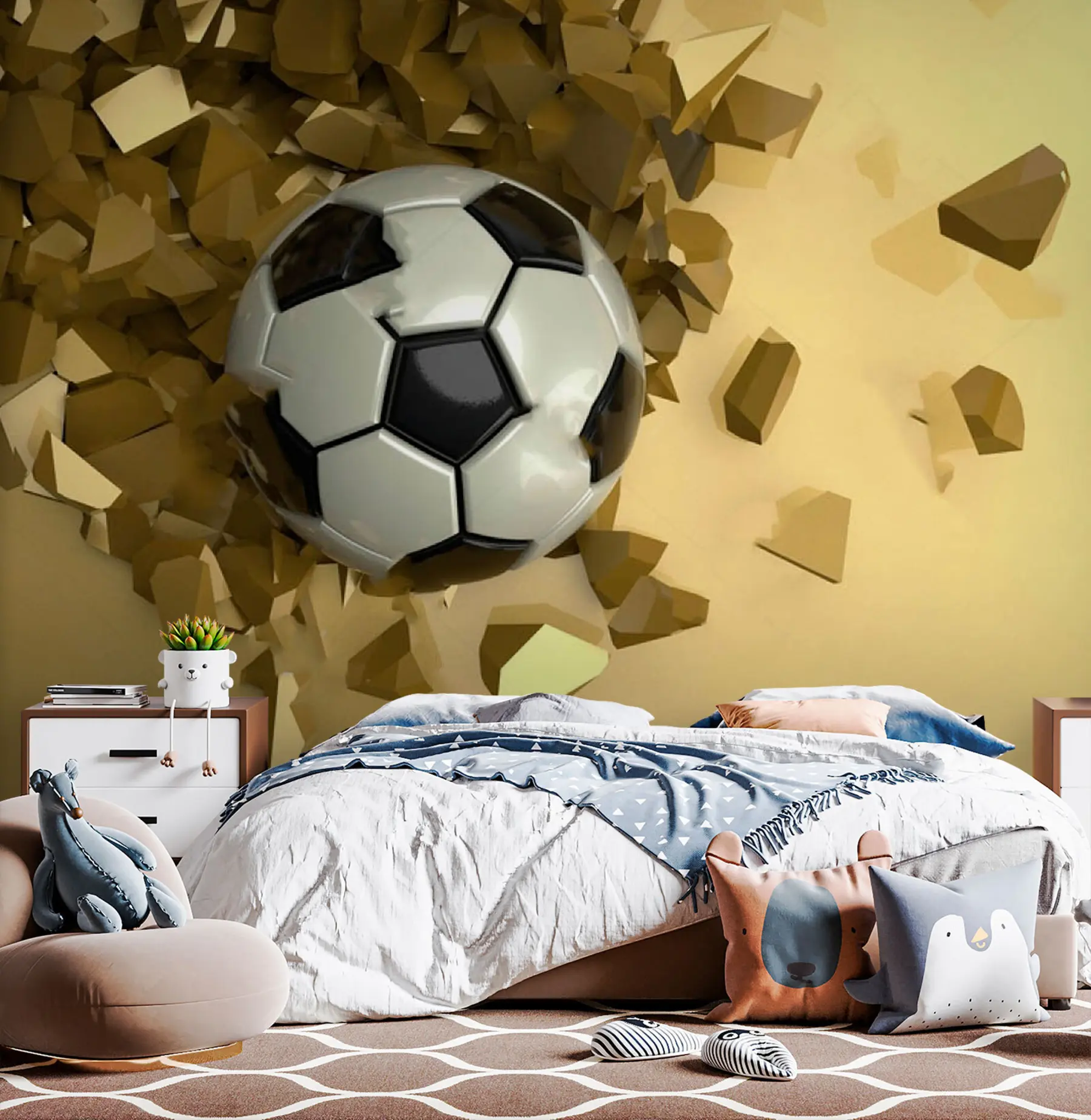 Papier peint photo Un ballon de football traverse un mur jaune u72801