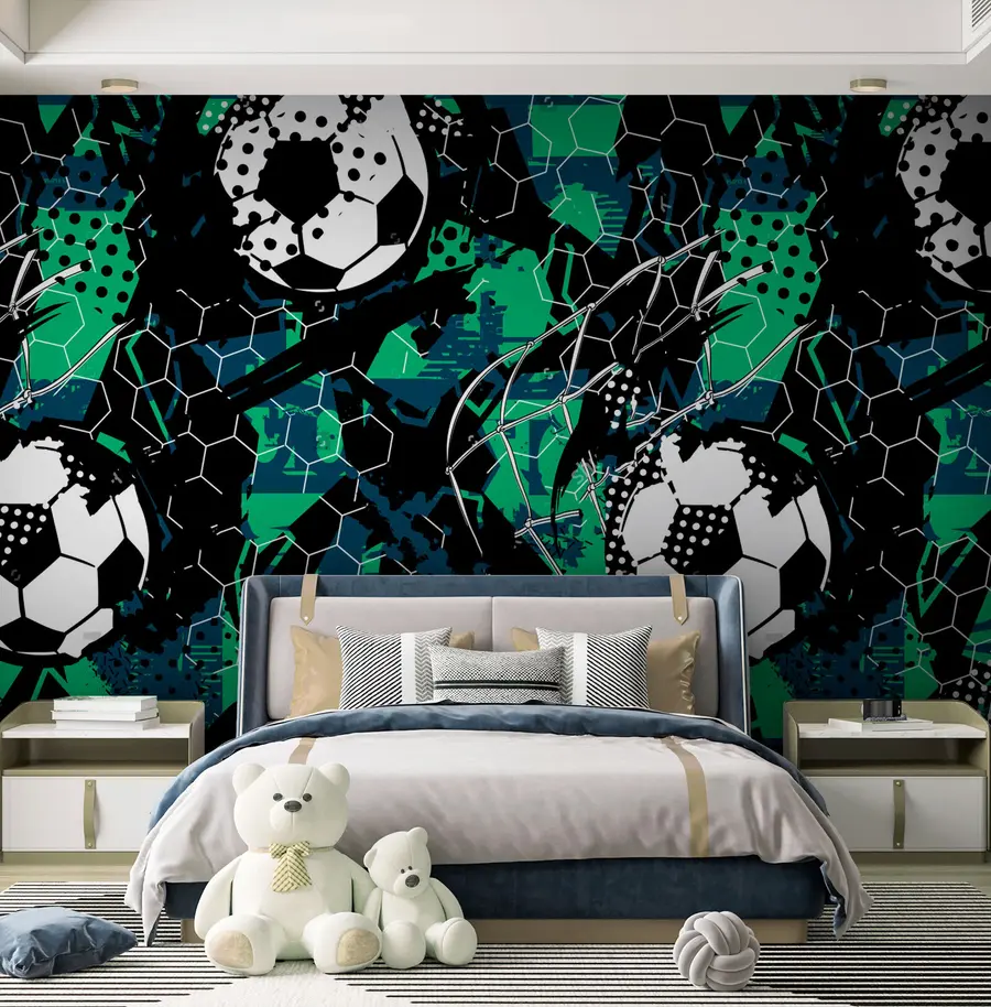 Fotobehang Zwart-groene abstractie en voetbalballen u73014