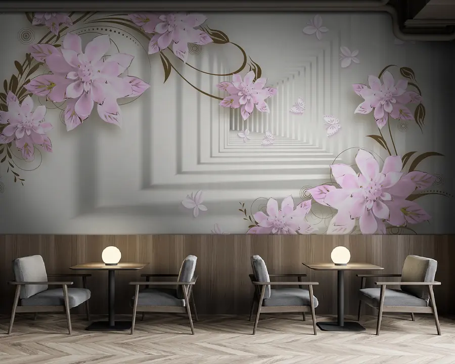 Fotobehang Roze bloemen in 3d tunnel u21861v3