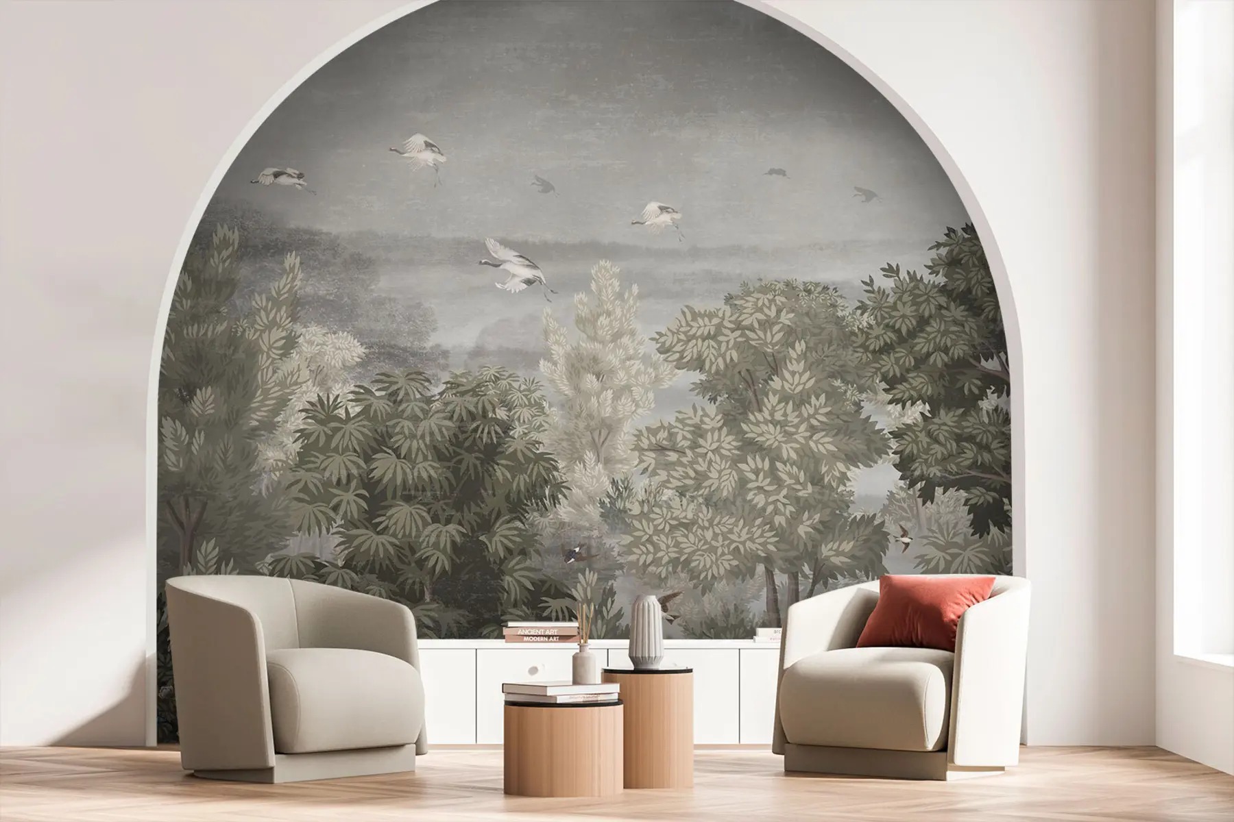 Fotobehang Kranen vliegen over het bos u73553