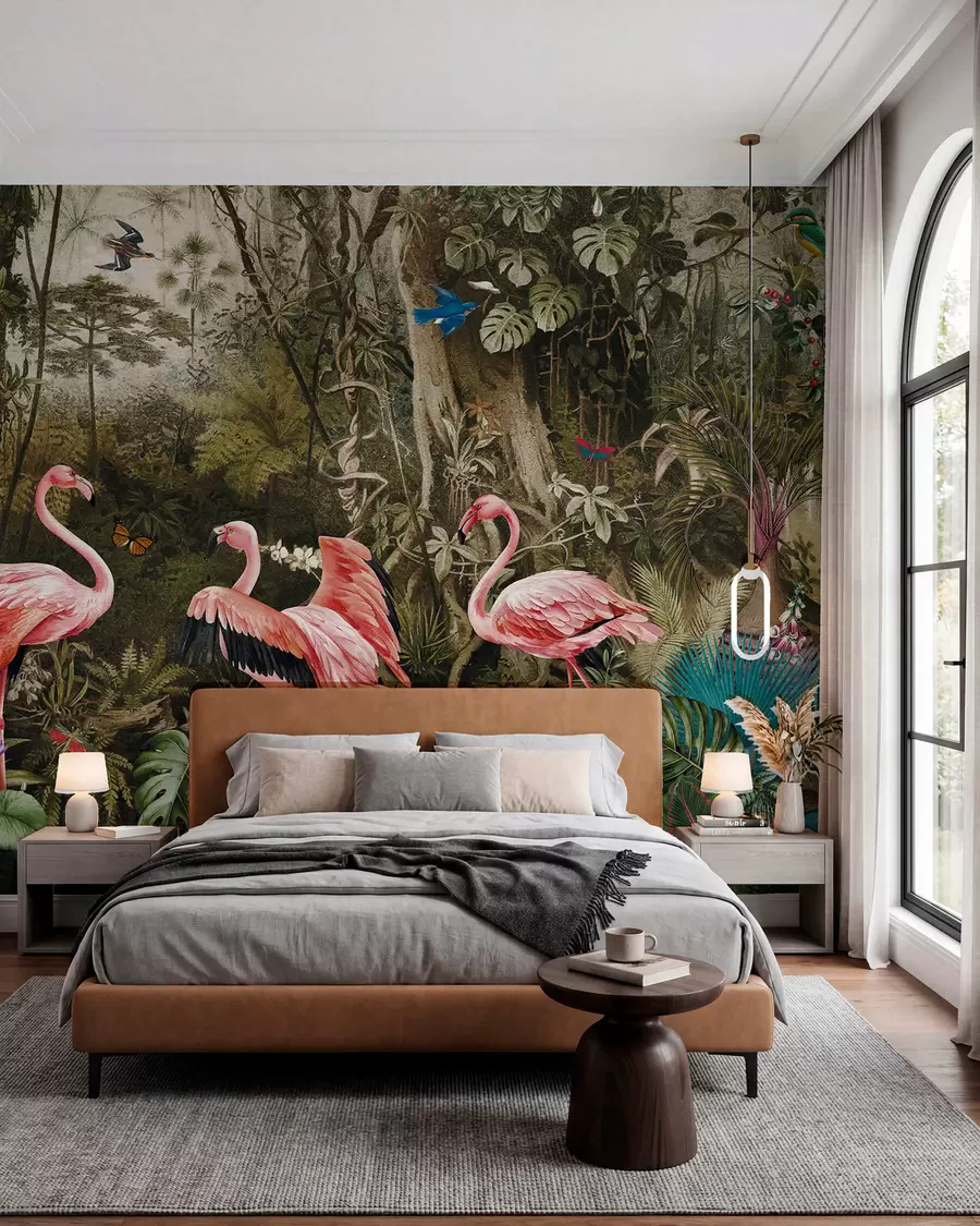 Papier peint photo Oiseaux tropicaux et flamants roses dans la jungle u73568