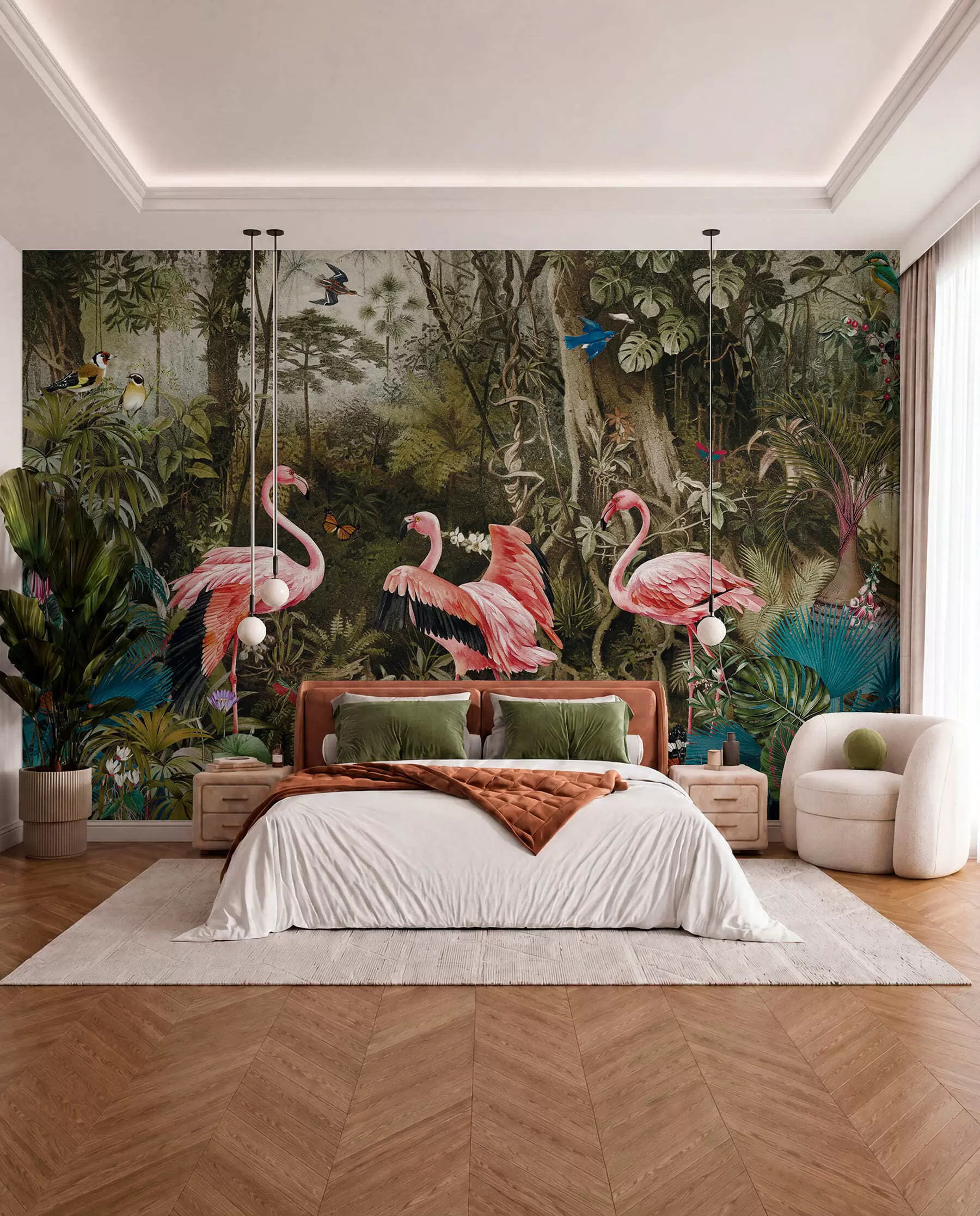 Papier peint photo Oiseaux tropicaux et flamants roses dans la jungle u73568