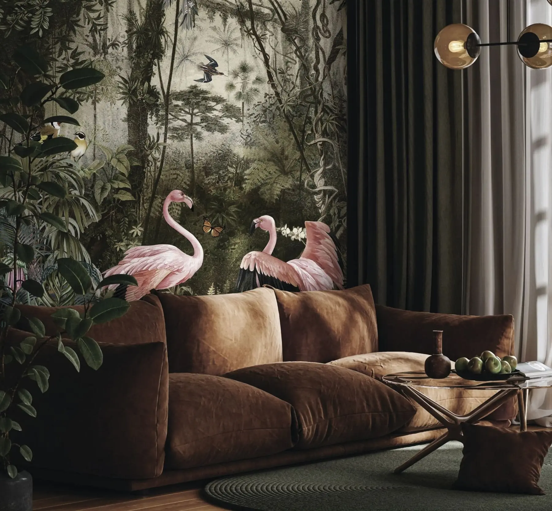 Papier peint photo Oiseaux tropicaux et flamants roses dans la jungle u73568
