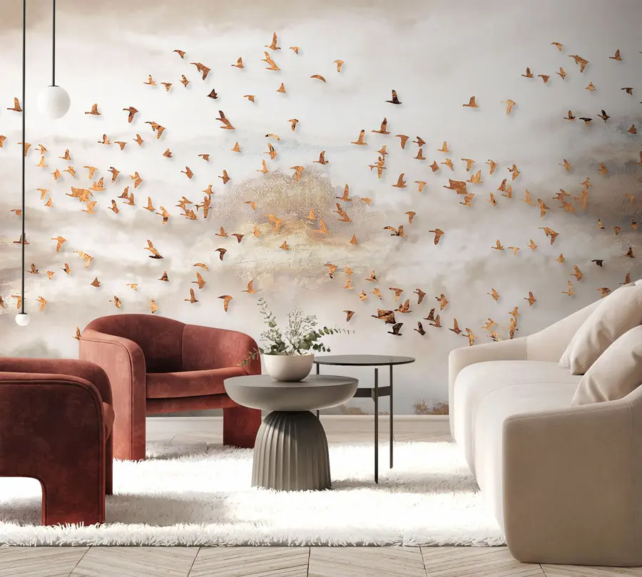 Fotobehang Zwerm vogels in de bergen u93537