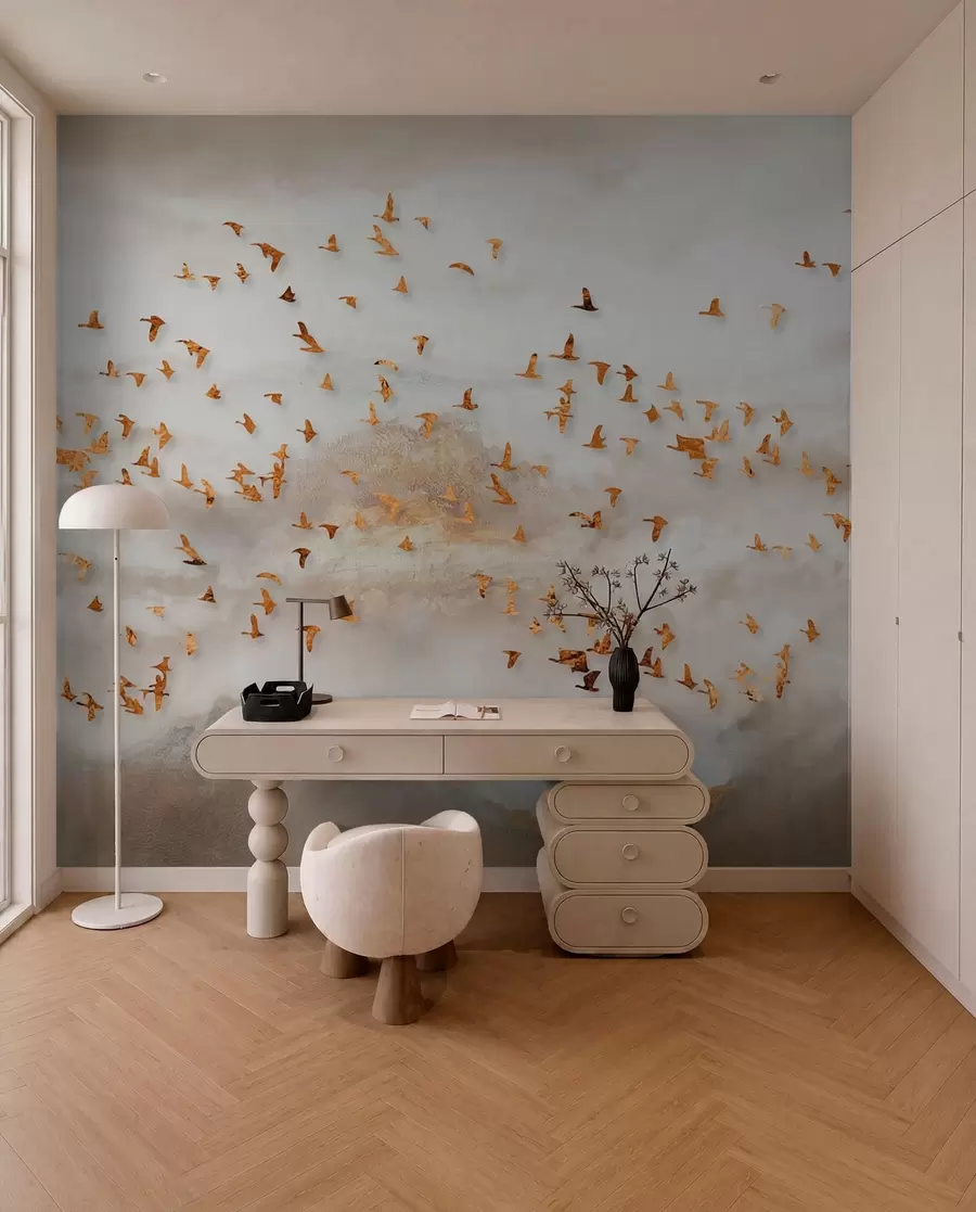 Fotobehang Zwerm vogels in de bergen u93537