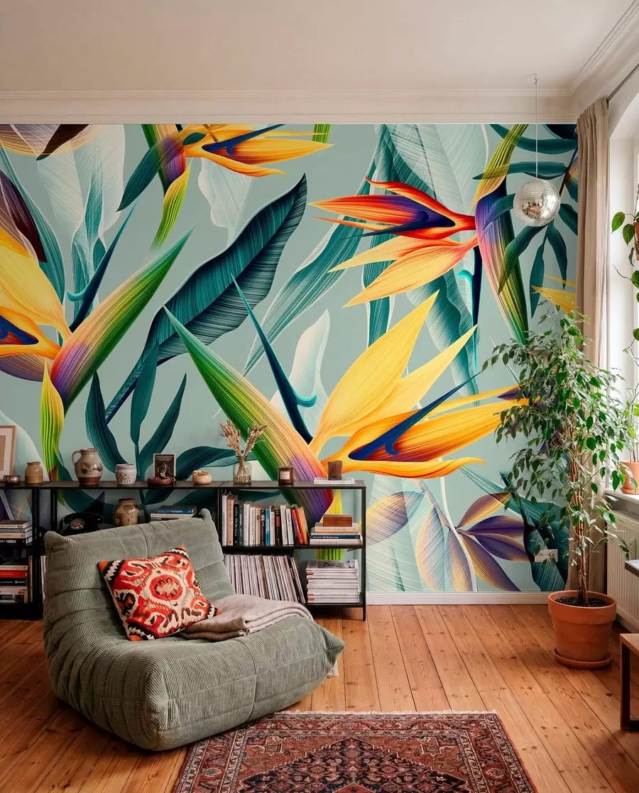 Fotobehang Trendy tropische planten en bladeren in felle kleuren u73960