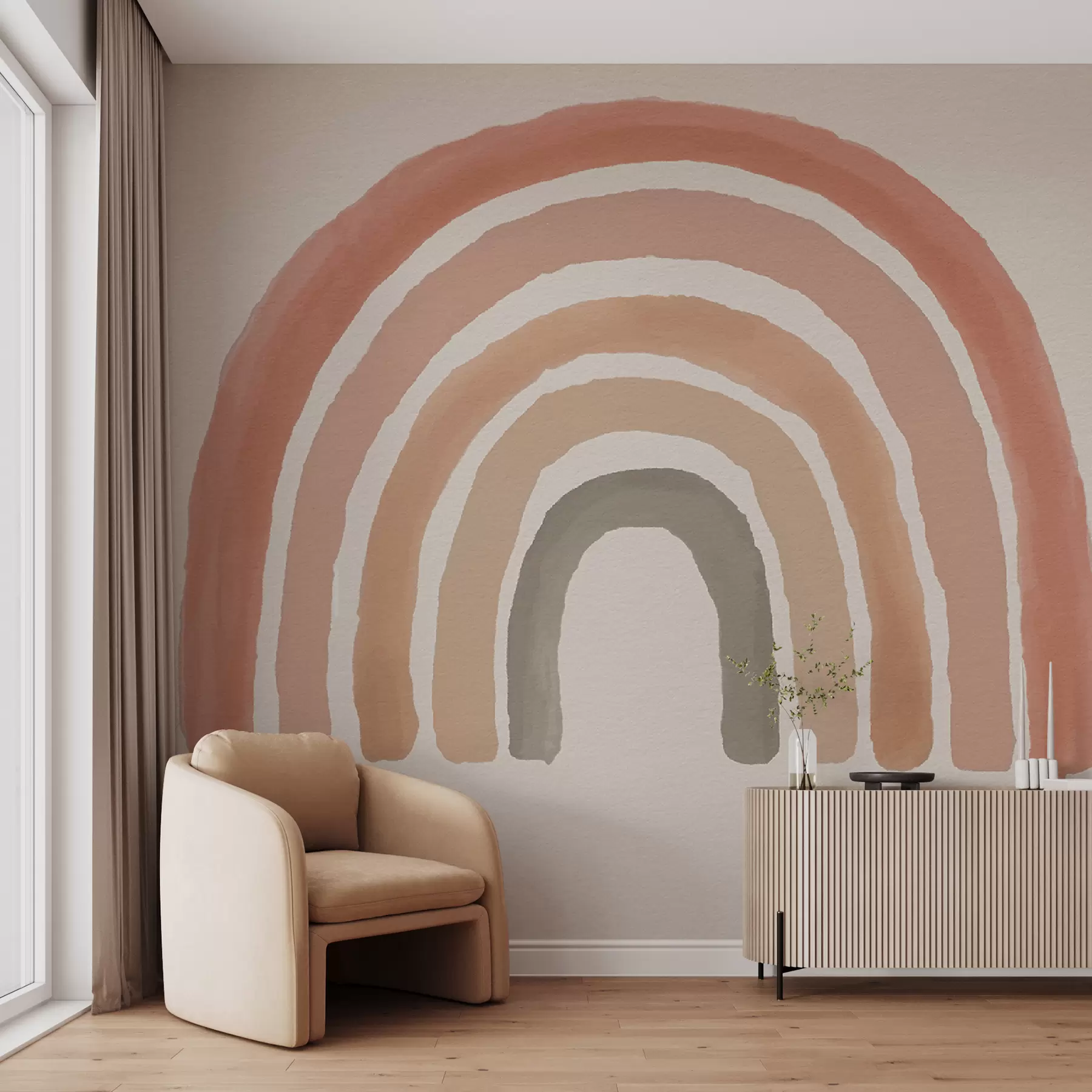 Fotobehang behang in boho-stijl: koraalperzik, roze regenboog. Pastel regenboog muur roze u93566