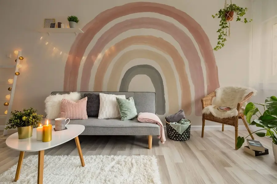 Fotobehang behang in boho-stijl: koraalperzik, roze regenboog. Pastel regenboog muur roze u93566