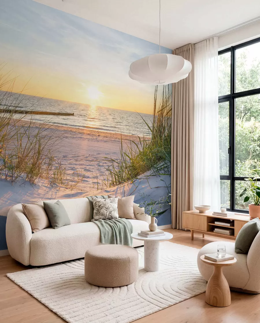 Fotobehang Foto/panoramisch strand met zonsondergang u93577