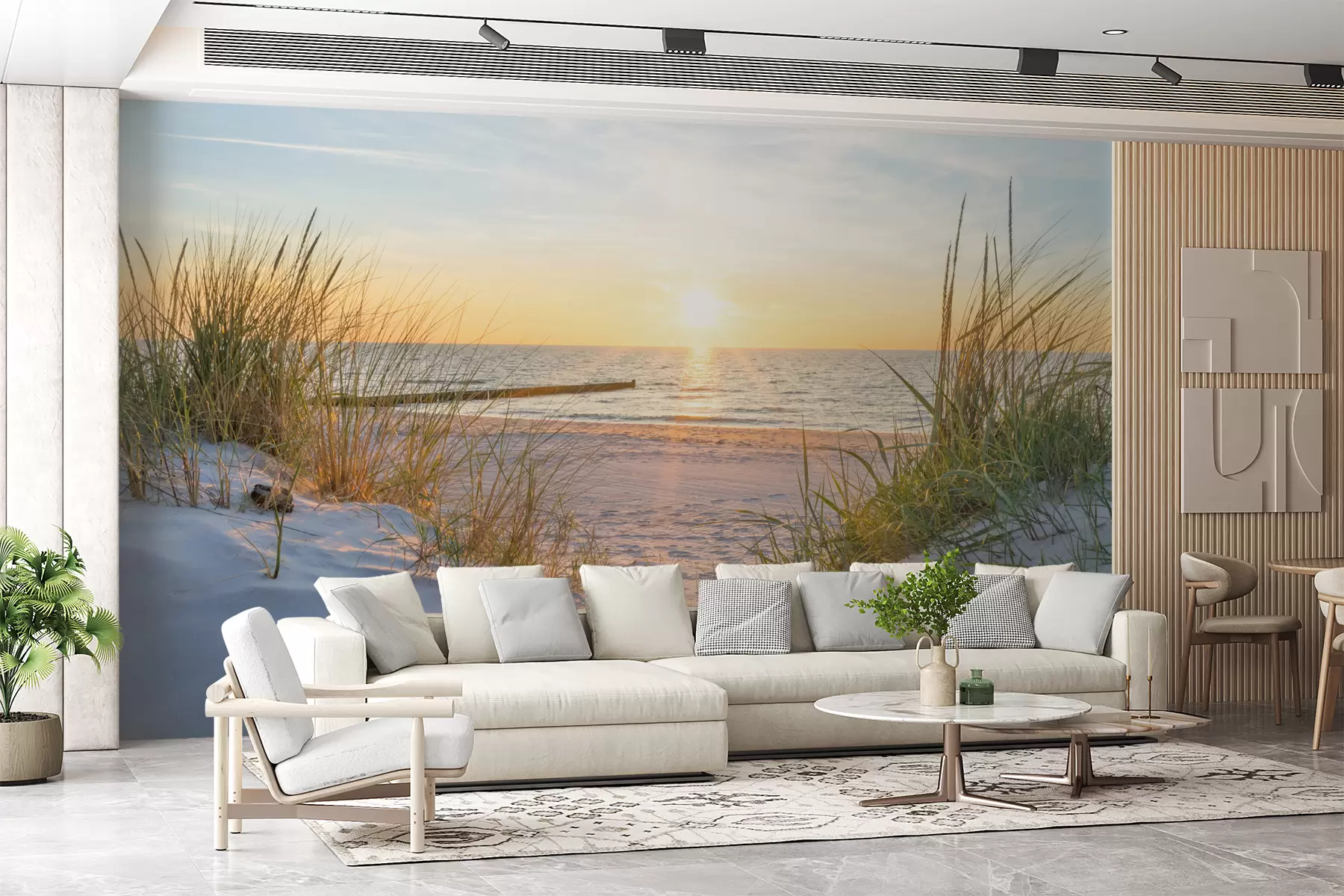 Fotobehang Foto/panoramisch strand met zonsondergang u93577