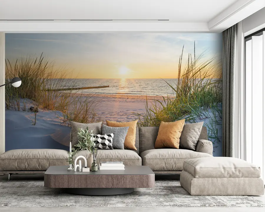 Fotobehang Foto/panoramisch strand met zonsondergang u93577