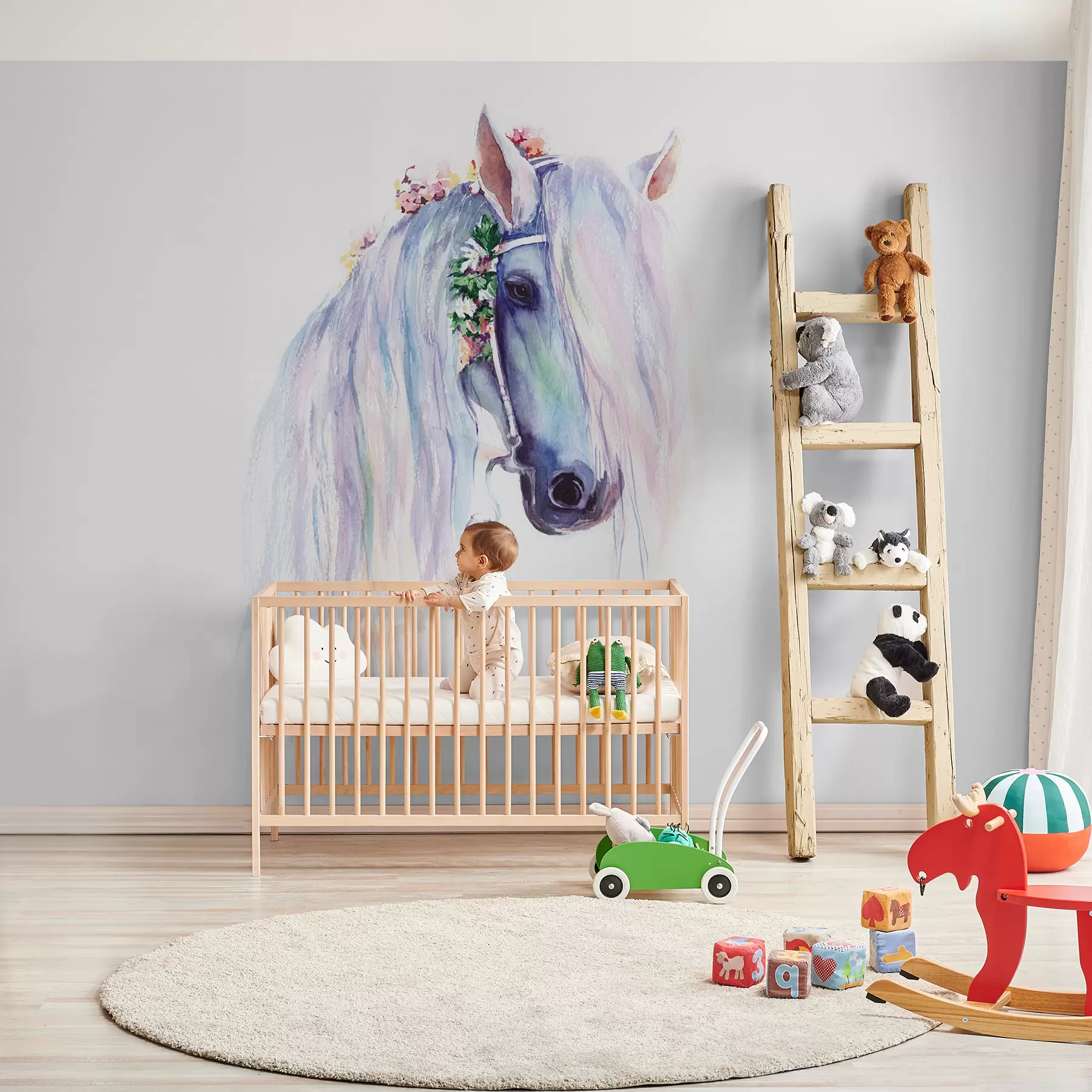  Schilderijen Blauw paard met bloemen op een hendel u93591