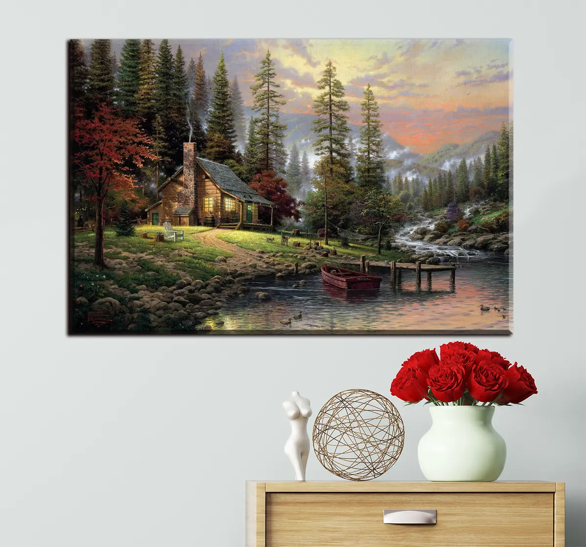  Peintures Cabane de pêche dans la forêt au bord du ruisseau s15556