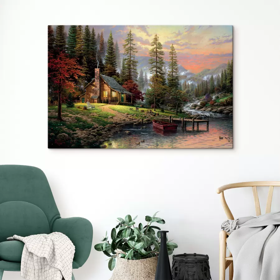  Peintures Cabane de pêche dans la forêt au bord du ruisseau s15556