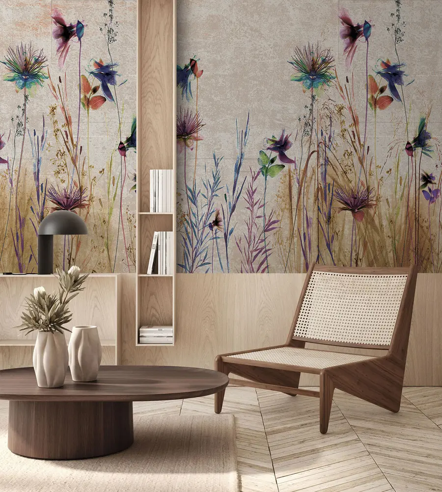 Fotobehang Ongewone hoge bloemen op een beige achtergrond u93672