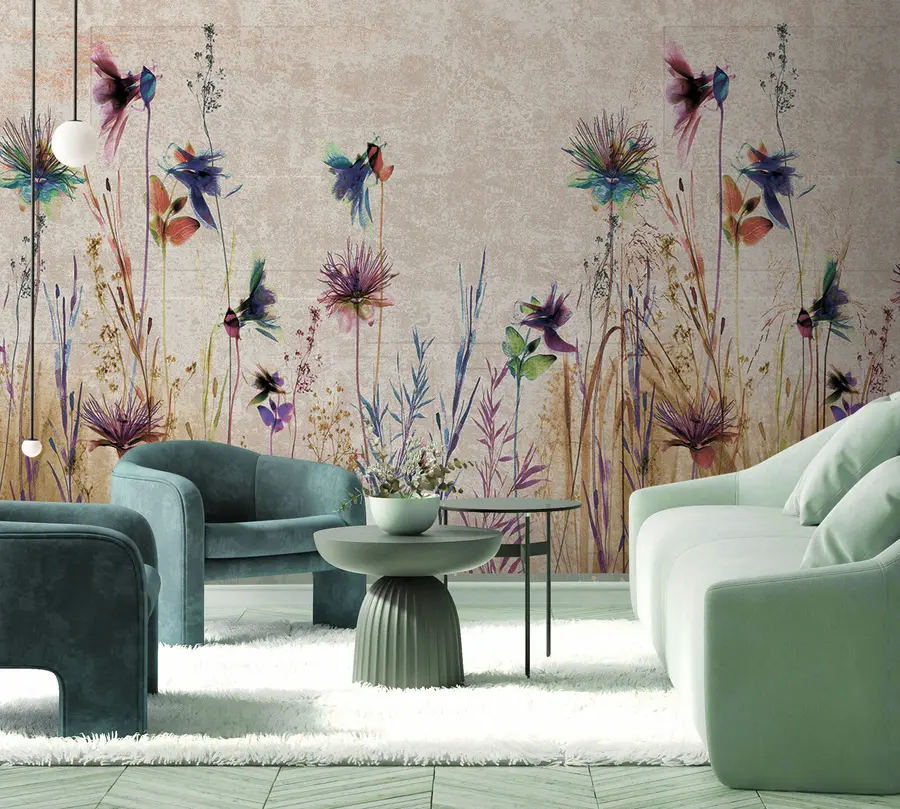 Fotobehang Ongewone hoge bloemen op een beige achtergrond u93672