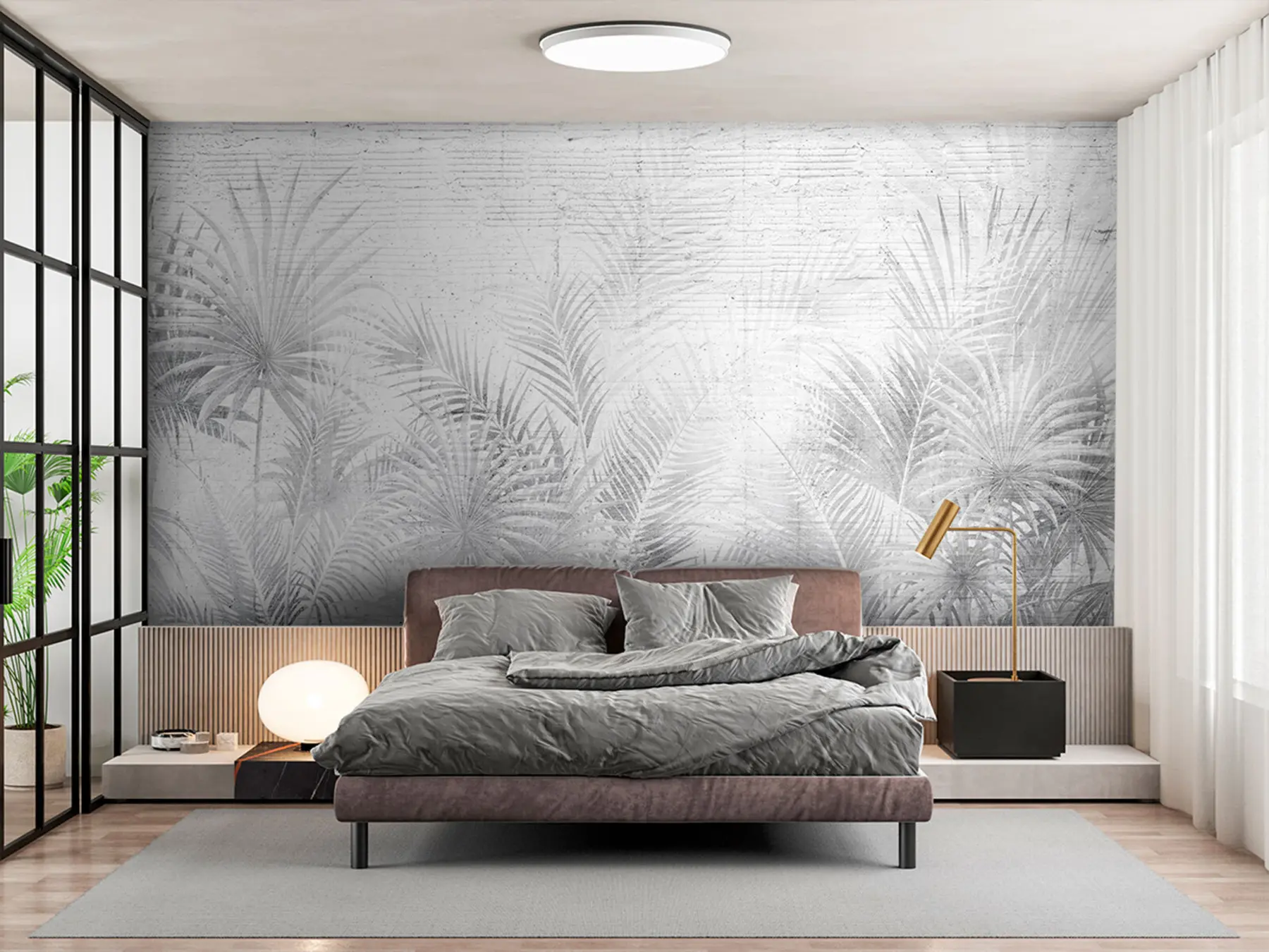 Fotobehang Zwart-witte grunge muur met tropische bladeren u74401