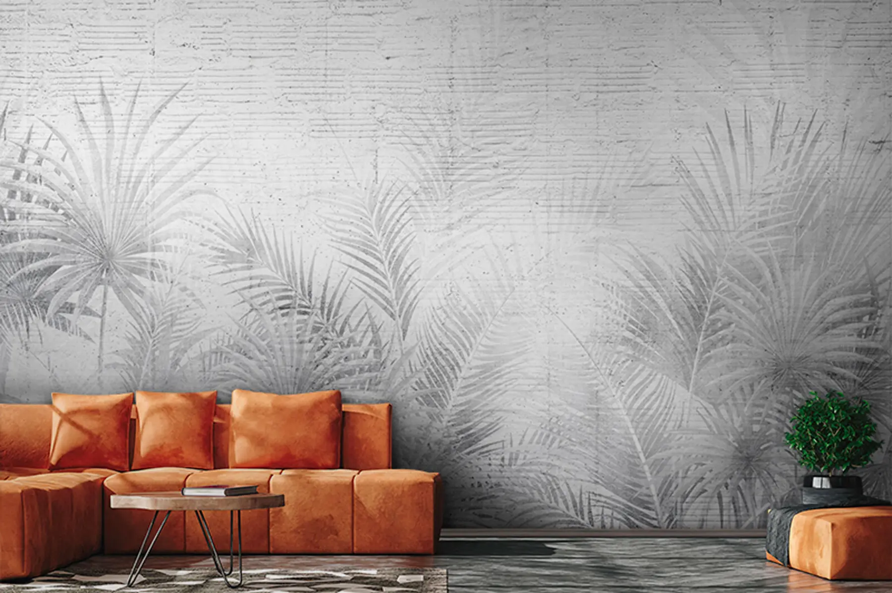 Fotobehang Zwart-witte grunge muur met tropische bladeren u74401