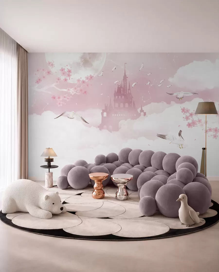 Fotobehang Kasteel tussen roze wolken u41232