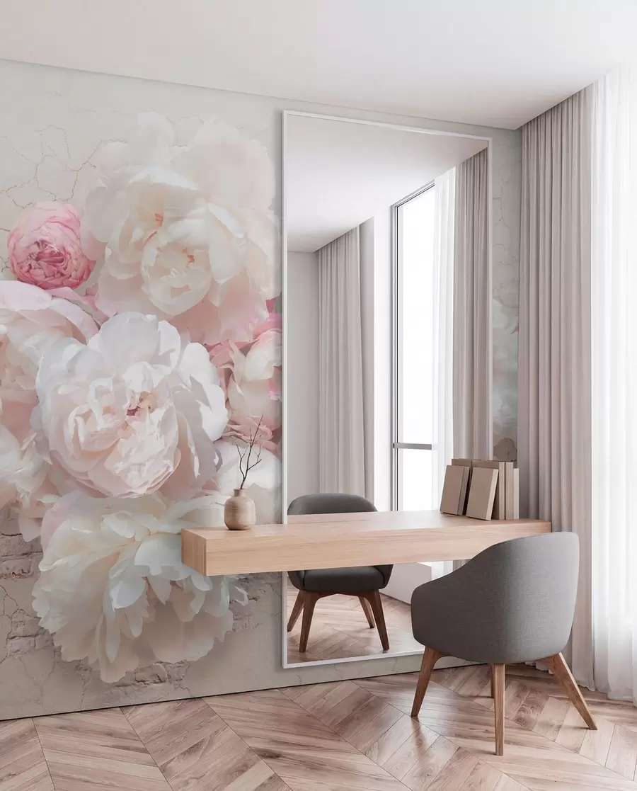 Papier peint photo Pivoines blanches sur un mur délabré u79549
