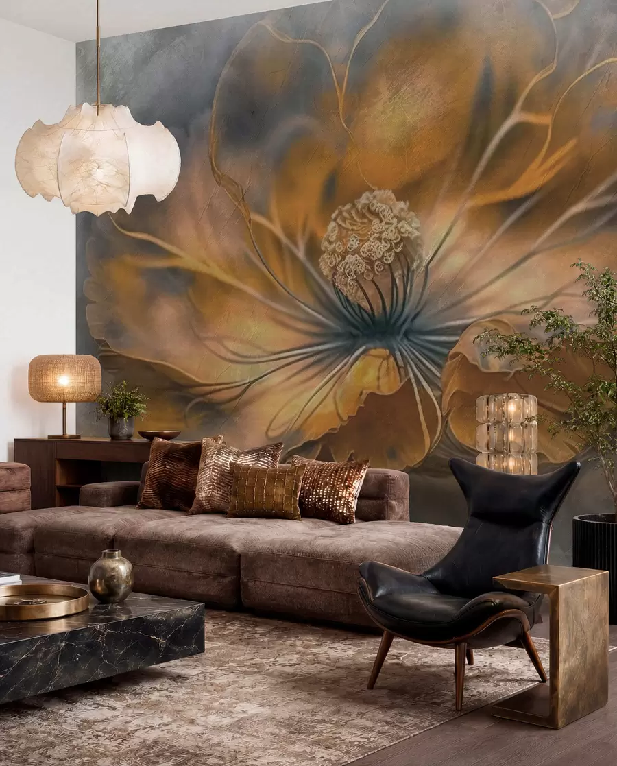 Fotobehang Gouden bloem op antraciet u93916