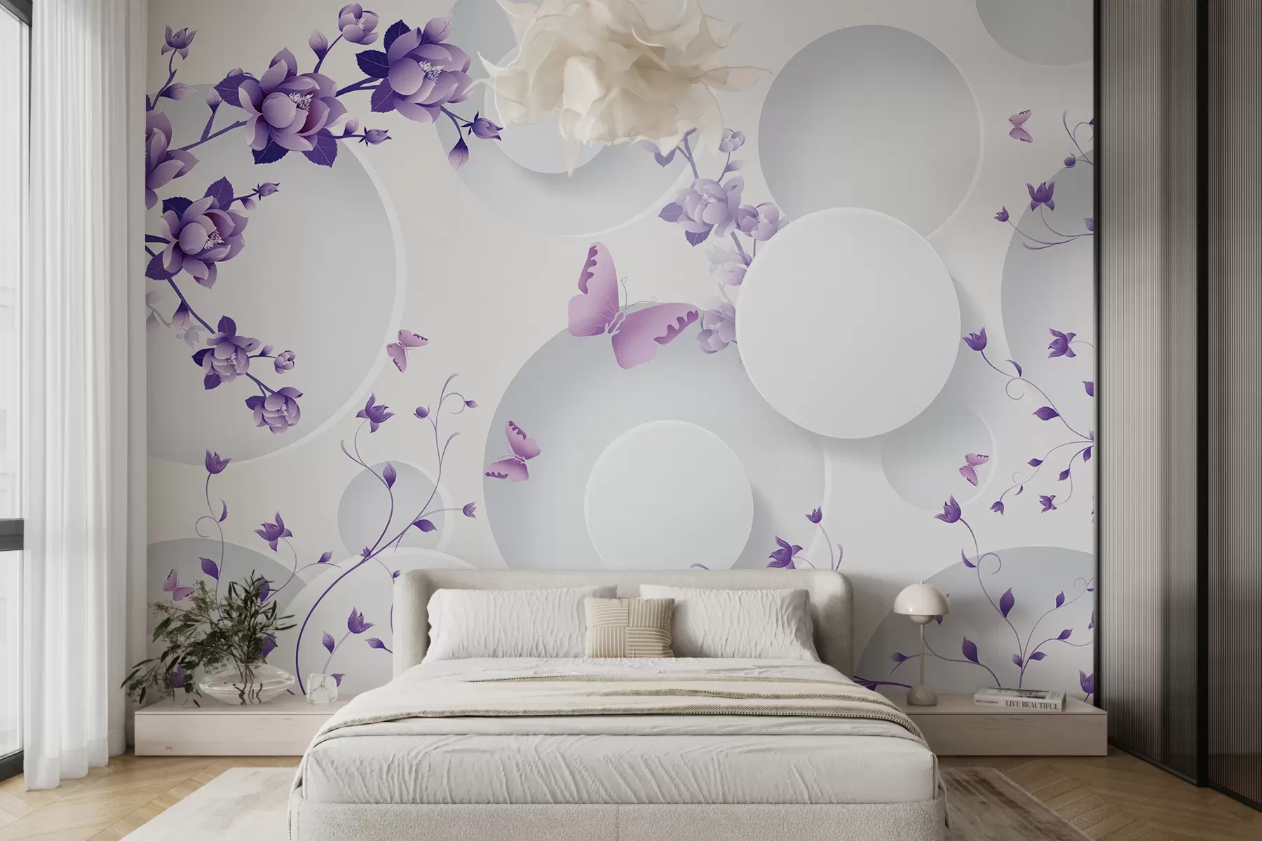 Fotobehang 3D -vormen met bloemen en vlinders u74482