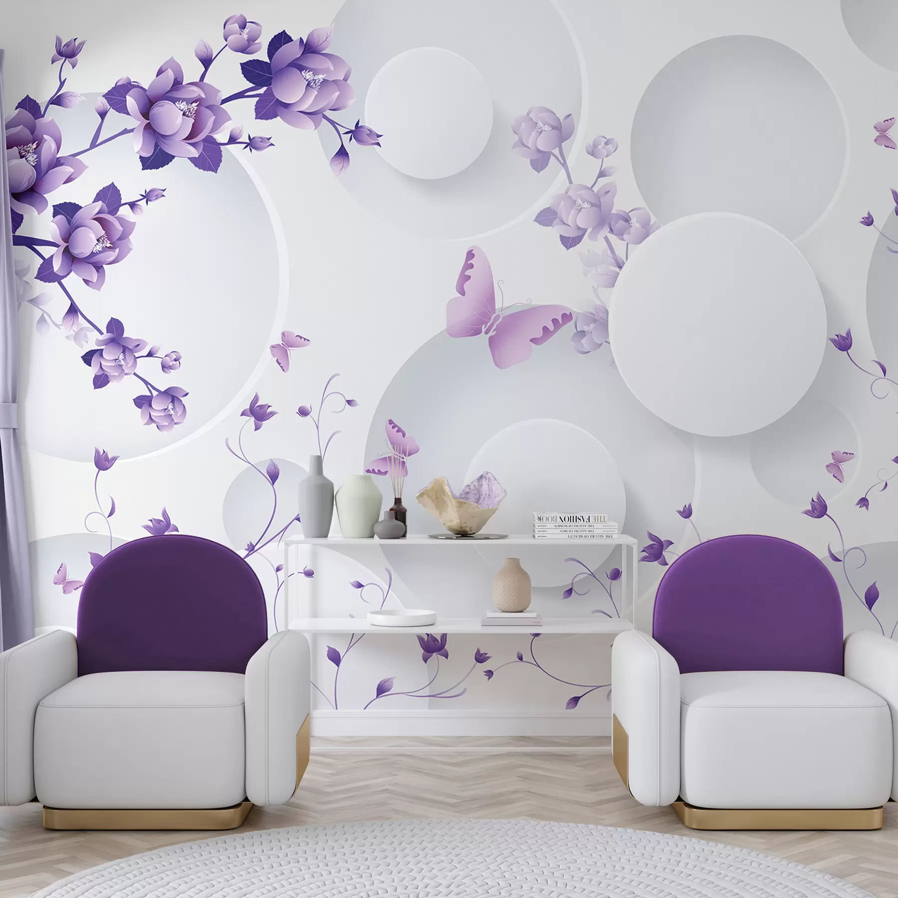 Fotobehang 3D -vormen met bloemen en vlinders u74482